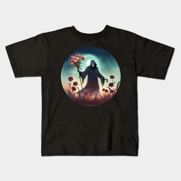 Flower-giving Grim Reaper Kids T-Shirt by ConchCraft LLC